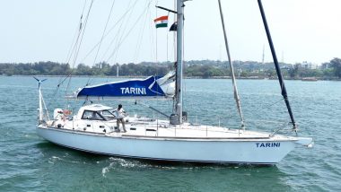 INSV Tarini: Indian Naval Sailing Vessel Tarini With Women Officers Embarks on Historic Expedition From Goa to Port Louis in Mauritius (See Pics)