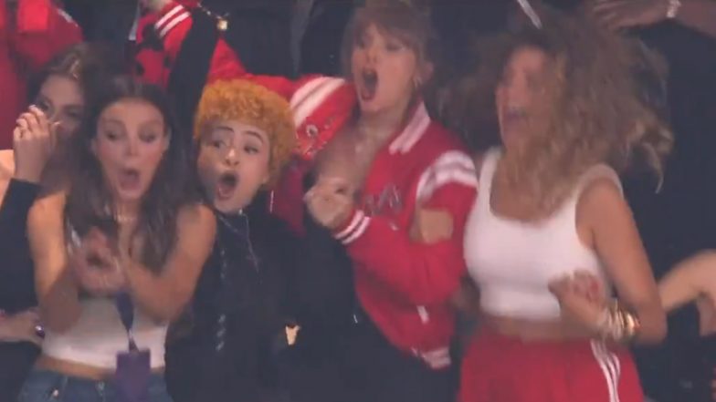 Super Bowl 2024: Taylor Swift Celebrates Travis Kelce's Kansas City Chiefs Win With Ice Spice and Blake Lively; Lana Del Rey Gets Knocked Out During Celebration (Watch Video)