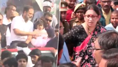 Bharat Jodo Nyay Yatra in UP: Congress Leader Rahul Gandhi Resumes Yatra from Amethi, BJP MP Smriti Irani Holds Jan Samwad (Watch Videos)