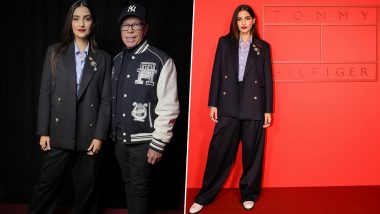 Sonam Kapoor Rocks Black Pantsuit Paired With Pinstriped Shirt As She Attends New York Fashion Week for Tommy Hilfiger (See Pics)