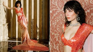 Halsey Exudes Glamour in Manish Malhotra’s Ombre Coral Saree Bedecked With Mesmerising Mosaic Sequins (View Pics)