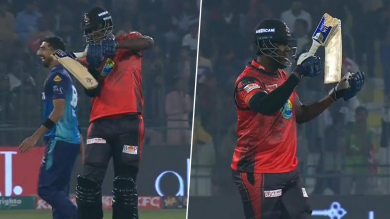 Carlos Brathwaite’s Bat Breaks While Trying To Hit Shahnawaz Dahani’s Delivery During Multan Sultans vs Lahore Qalandars PSL 2024 Match, Video Goes Viral