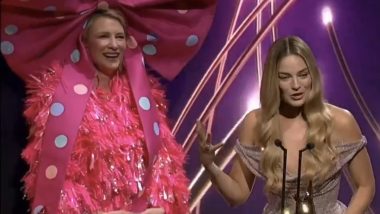 Cate Blanchett As 'Middle-Aged Barbie' at AACTA Awards: Actress Amuses Crowd in Bizarre Pink Dress and Huge Bow While Presenting Trailblazer Award to Margot Robbie (Watch Video)