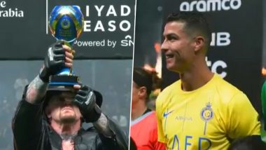 Cristiano Ronaldo’s Hilarious Reaction to WWE Legend the Undertaker Unveiling Riyadh Season Cup 2024 Trophy Goes Viral (Watch Video)