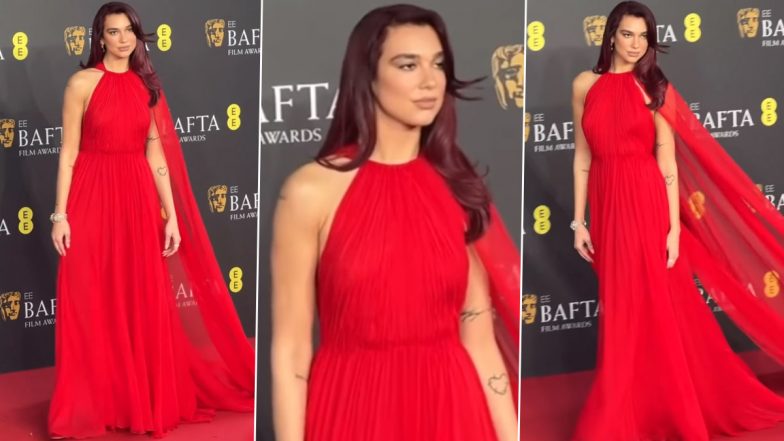 Dua Lipa Slays at the BAFTAS 2024 in a Fiery-Red Gown With a Cape by Valentino (View Pics and Video)