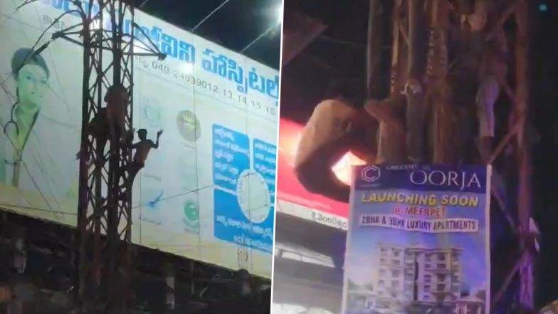 Hyderabad: Drunk Man Creates Ruckus, Climbs High Tension Electricity Pole in Meerpet; Video Surfaces