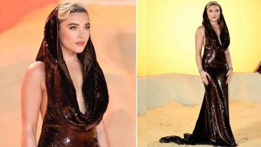 Florence Pugh Sizzles in a Hot Brown Sequinned Hooded Gown by Valentino for Dune 2 Premiere in London (View Pics)
