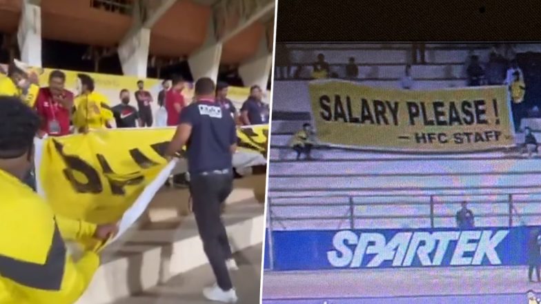 Hyderabad FC Staff Raise Banner Demanding Salary During ISL 2023–24 Match Against FC Goa, Removed From Stadium by Security; Video Goes Viral