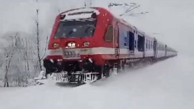 Jammu and Kashmir: Dedicated Train Service Continues on Baramulla-Banihal Section Despite Heavy Snowfall (Watch Video)