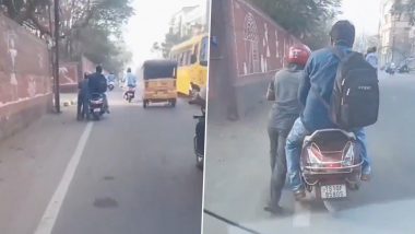 Hyderabad: Rapido Bike Taxi Rider Pushes Vehicle with Customer Onboard After Scooty Runs Out of Petrol, Viral Video Surfaces