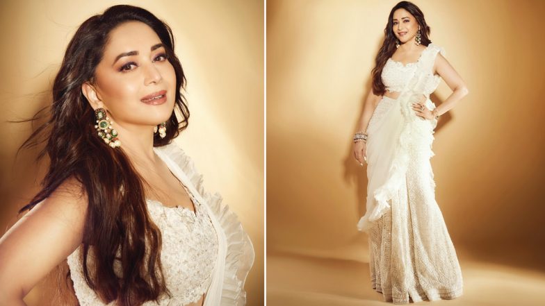 Dhak Dhak Girl, Madhuri Dixit, Looks Gorgeous in a White Saree for Reality Show Dance Deewane Shoot (View Pics)