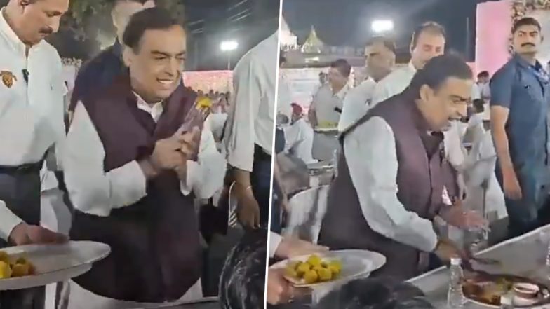 Anant Ambani and Radhika Merchant's Pre-Wedding Functions Begin With Anna Seva in Gujarat's Jamnagar; Ambani and Merchant Families Seen Serving Traditional Gujarati Food to Villagers (Watch Video)