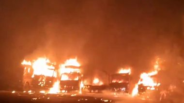 Nalasopara Fire: Massive Blaze Erupts at Parking Lot in Dhaniv Bagh, Several Vehicles Reduced to Ashes (Watch Video)