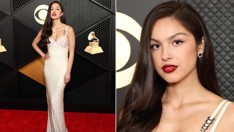 Grammy Awards 2024: Olivia Rodrigo Wears a Bedazzled Vintage White Versace Gown, See Pics and Videos of the Singer