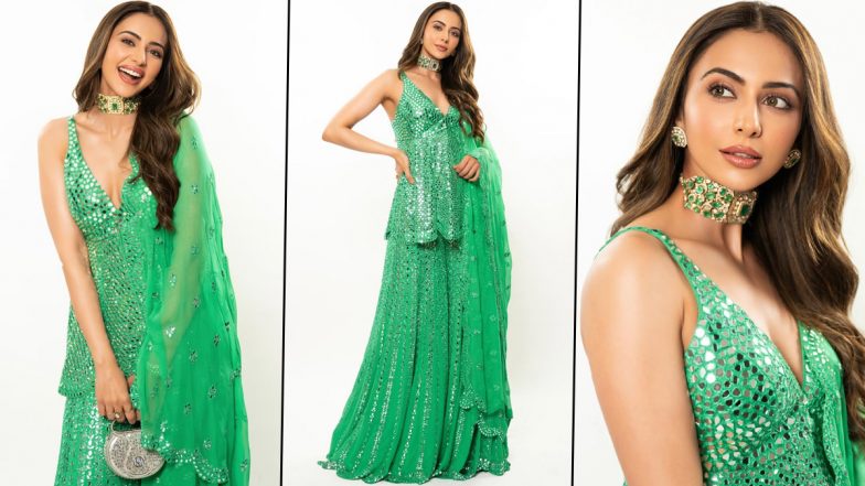 Ahead of Her Wedding, Rakul Preet Singh Stuns in an Exquisite Green Mirror Work Sharara Set (See Pics)