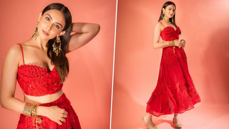 Rakul Preet Singh Paints the Town Red in a Gorgeous, Striking Red Coordinated Crop Top and Skirt (See Pics)