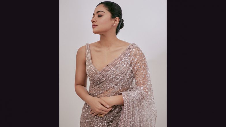 Rashmika Mandanna Stuns in Dusty Pink Sequinned Saree, Sets Major Ethnic Fashion Goals (View Pic)