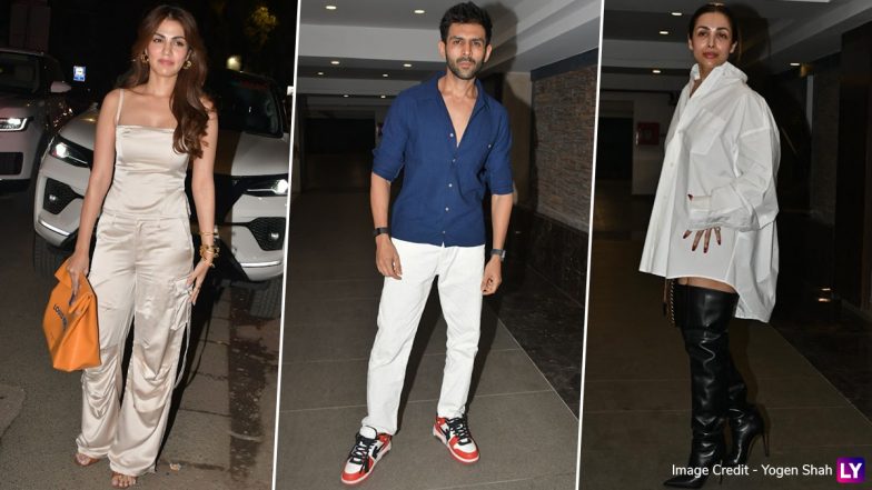 Rhea Chakraborty, Kartik Aaryan, Malaika Arora and More B-Town Celebs Attend Neha Dhupia–Angad Bedi’s Star-Studded Housewarming Party (View Pics)