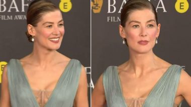 Rosamund Pike Is Enchanting in a Cool Blue Tea-Length Gown by Dior at the BAFTA Film Awards 2024