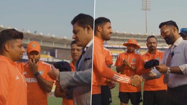 Anil Kumble, Dinesh Karthik Hand India Caps to Debutants Sarfaraz Khan and Dhruv Jurel During IND vs ENG 3rd Test 2024 Day 1 (Watch Video)