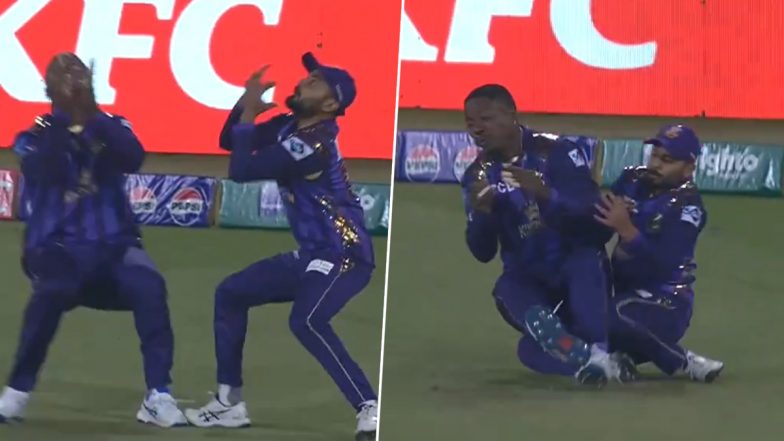 Sherfane Rutherford Manages To Hold On To Catch Despite Colliding With Saud Shakeel During Quetta Gladiators vs Islamabad United PSL 2024 Match (Watch Video)