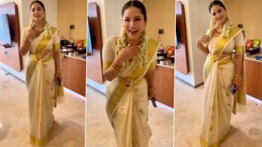 Sunny Leone Wows in a Traditional Kasavu Saree and Ornate Jewellery for an Event, Watch Video