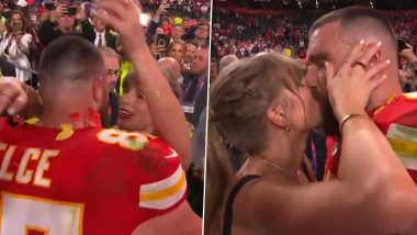 Super Bowl 2024: Taylor Swift Hugs and Kisses Boyfriend Travis Kelce Following Kansas City Chiefs Win (Watch Video)