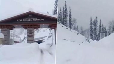 Himachal Pradesh: Amid Intense Cold Wave, Visuals of Fresh Snowfall at Atal Tunnel in Rohtang Surface (Watch Video)