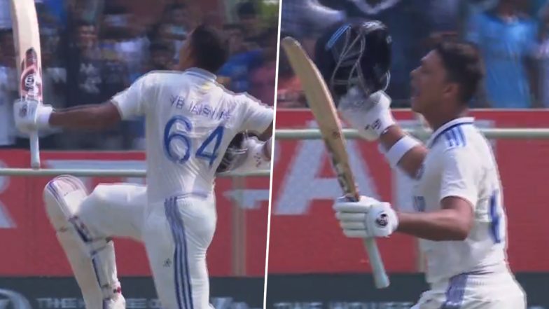 Yashasvi Jaiswal Leaps in Joy After Scoring His Maiden Double Century in Test Cricket During IND vs ENG 2nd Test 2024, Video Goes Viral