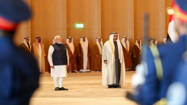 PM Modi UAE Visit: Prime Minister Narendra Modi Arrives in United Arab Emirates To Hold Talks With Top Leadership and Inaugurate First Hindu Temple in Abu Dhabi (Watch Video)