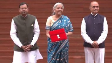 Union Budget 2024: Finance Minister Nirmala Sitharaman Arrives at Parliament With Her Trademark Tablet ‘Bahi-Khata’ (Watch Video)