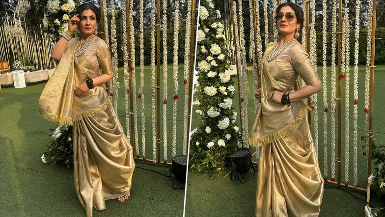 Raveena Tandon Rocks Shimmery Golden Saree With Style; Patna Shuklla Actress’ Latest ’Gangsta’ Look Is Perfect for This Wedding Season (View Pics)