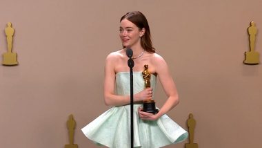 Oscars 2024: Emma Stone Links Her Wardrobe Malfunction to Ryan Gosling’s ‘I’m Just Ken’ Performance at 96th Academy Awards (Watch Video)