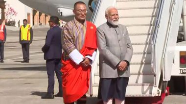 PM Modi Bhutan Visit: Prime Minister Narendra Modi Arrives in Bhutan on Two-Day State Visit; Receives Red Carpet Welcome (Watch Videos)