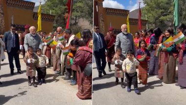 PM Modi Bhutan Visit: Prime Minister Narendra Modi Shares Endearing Moments With Children Upon Arrival in Thimphu, Gets Warm Welcome (Watch Videos)