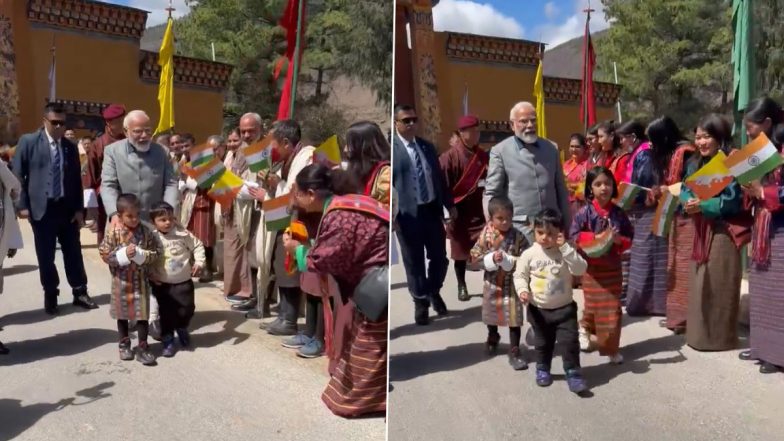 PM Modi Bhutan Visit: Prime Minister Narendra Modi Shares Endearing Moments With Children Upon Arrival in Thimphu, Gets Warm Welcome (Watch Videos)