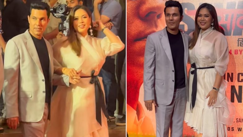 Swatantrya Veer Savarkar: Randeep Hooda Looks Dapper in Grey Coat, Lin Liashram Stuns in Knee-Length Frock at Film's Screening (Watch Video)