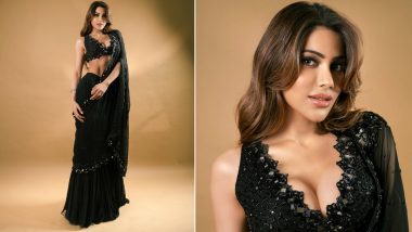Hot! Nikki Tamboli Flaunts Massive Cleavage in Deep Neck Blouse and Transparent Black Saree (View Pics)