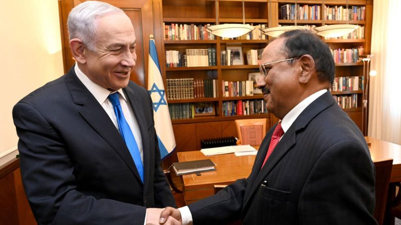 Israel PM Benjamin Netanyahu Meets NSA Ajit Doval, Briefs Him on Recent Developments in Gaza Strip, Discuss Humanitarian Assistance (See Pics)