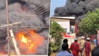 Andhra Pradesh: Massive Fire Engulfs Oil Tanker Godown in Vijayawada, No Casualties Reported (Watch Video)