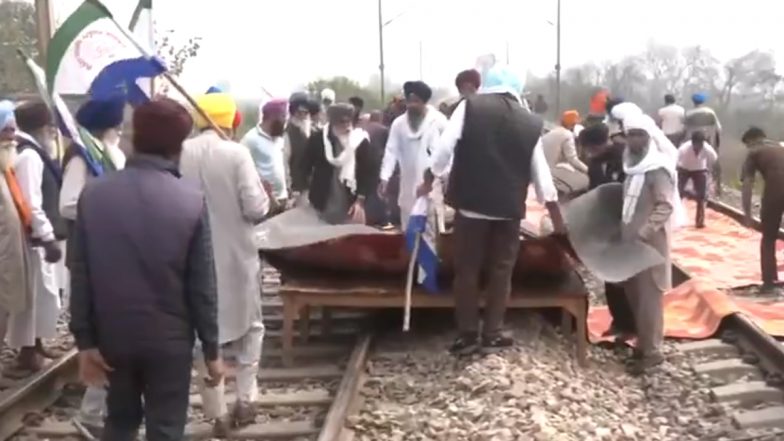 Farmers Protest 2024: Farm Unions Hold 'Rail Roko' Protest in Amritsar (Watch Video)