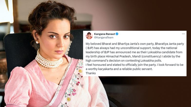 Lok Sabha Elections 2024: Kangana Ranaut Thanks BJP After Joining As Candidate From Mandi Constituency, Actress Says ‘I Look Forward To Be a Worthy Karyakarta’