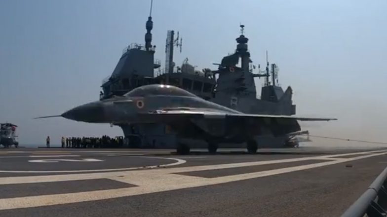 Naval Commanders' Conference 2024: Navy Conducts Trap Landing of MiG29 Naval Fighter Jet on Indigenous Aircraft Carrier (Watch Video)