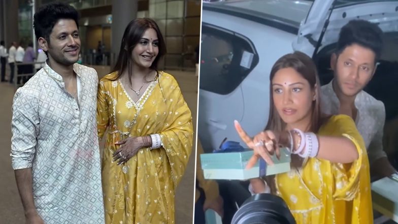 Surbhi Chandna and Karan Sharma Make First Public Appearance After Their Jaipur Wedding, Distribute Sweets to Paps (Watch Video)