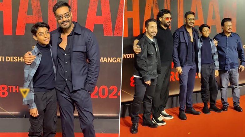 Shaitaan Screening: Ajay Devgn Arrives With Son Yug, Poses With Co-Star R Madhavan at His Film’s Premiere in Mumbai (Watch Video)