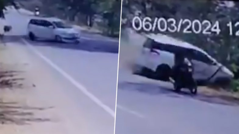 Telangana Road Accident Video: One Dead As Speeding Car Loses Control and Rams Into Tree in Khammam