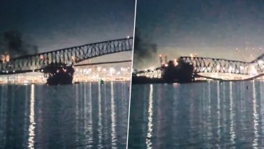Francis Scott Key Bridge Collapse: Cargo Ship Hits Baltimore’s Key Bridge, Bringing It Down, at Least Seven People Believed To Be in Water (Watch Videos)