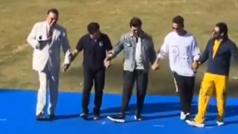 ISPL 2024: Ram Charan, Suriya, Akshay Kumar and Sachin Tendulkar Groove to RRR Song ‘Naatu Naatu’ at the Opening Ceremony (Watch Video)