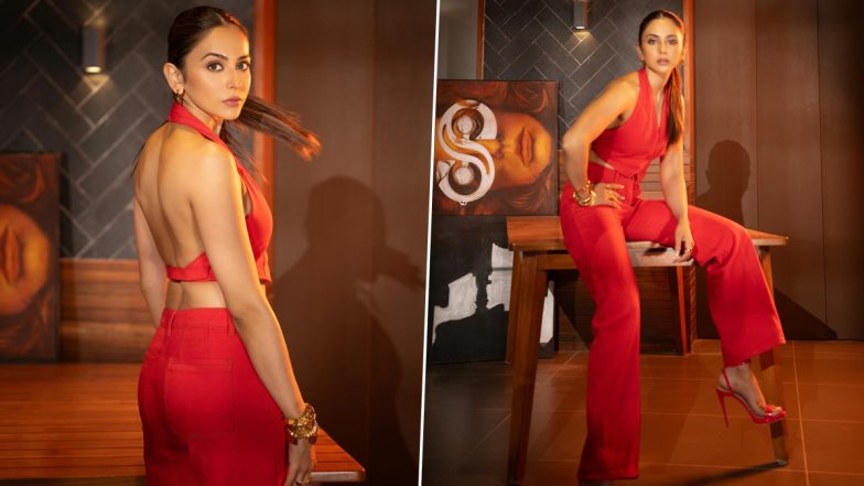 Rakul Preet Singh Looks Smoking Hot in a Red Backless Halter Neck Crop Top Paired With Matching Flared Pants (View Pics)