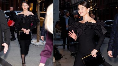 Selena Gomez Channels Melanie Griffith Vibes in Stunning Black Off-Shoulder Skater Dress (View Pics)